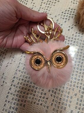 Pink Faux Fur Owl Keychain Charm with Gold Accents